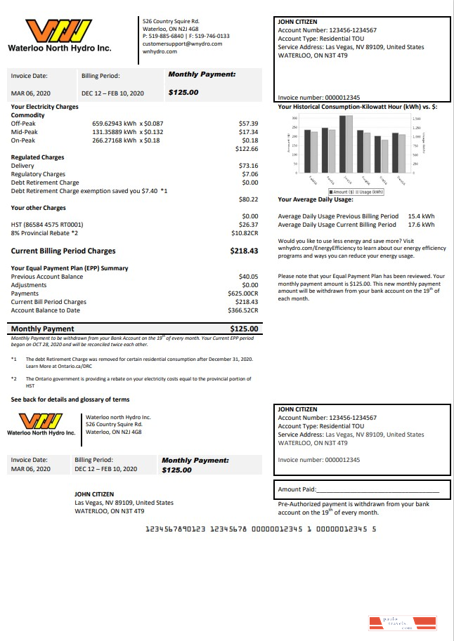 USA Nevada Waterloo North Hydro utility bill template in Word and PDF format
